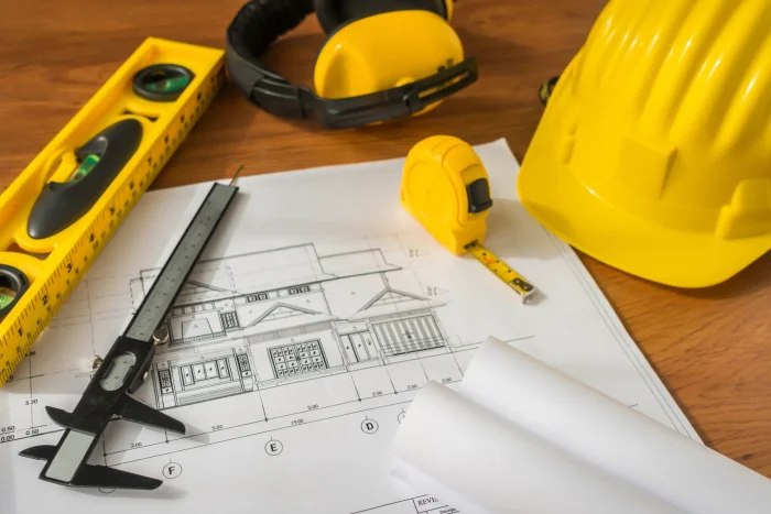 Image of blueprints, hard hat, leveler, measuring tape and construction headphones.
