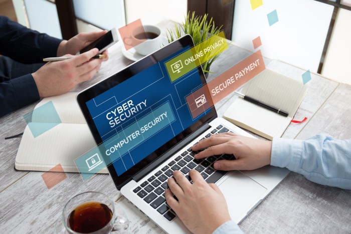 Person on laptop. On laptop it says 'cyber security', with further quotations coming off of the laptop saying 'computer security', 'secure payment' and 'online privacy'.